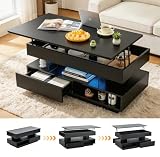39.37' Lift Top Coffee Table with Hidden Storage & 2 Drawers, Modern High Gloss Center Table for Living Room, Heavy Duty Wood Coffee Table with LED Lights, Apartment Small Space Furniture (Black)