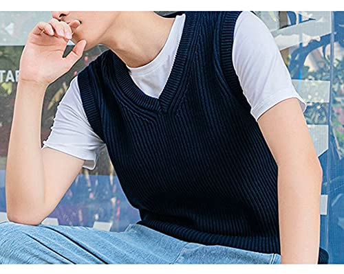 Suéter masculino colete de algodão waffle malha xadrez gola em V retrô sem mangas pulôveres, Azul, G