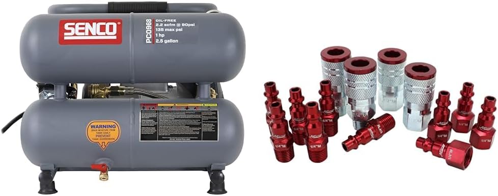 Senco PC0968 Compressor, 1.5-Horsepower (PEAK) 2.5-Gallon & Milton S-314MKIT ColorFit Coupler & Plug Kit - (M-Style, Red) - 1/4" NPT, (14-Piece)