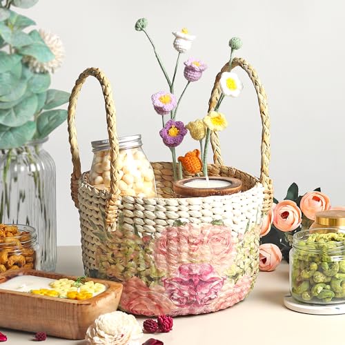 Image of Habere India-All the Cultures Fabricating India Handmade Gift Hamper Baskets | Cane Round Hamper | Fruit Baskets | Bamboo Organiser Basket | Jute Round Storage Basket - Multi (Design16 - D21xH29 cm)