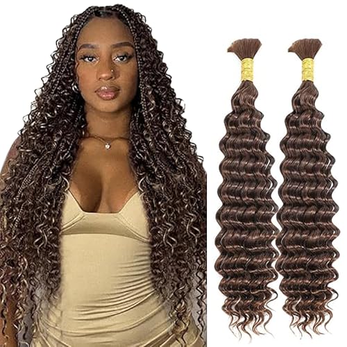 Jucames Tissage Naturel Cheveux Humain Bouclés Naturels Deep Wave Human Hair for Braiding Weave Extensions No Weft 2 Braids Per Pack Couleur #4 Chocolate...