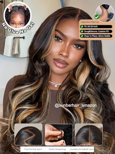 Image of Sunber Highlights Blonde Pre Cut 7x5 Lace Bye Bye Knots Loose Wave Wigs 24 inch | Human Hair Glueless Wigs 150% Density Pre Plucked Pre Bleached Knots