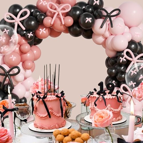 Image of Pink and Black Bow Balloon Arch Kit, JOGAMS 199Pcs Pink and Black Birthday Decorations with 260 Clear Balloons Ribbon Bow for Coquette Bow Theme Birthday Bachelorette Baby Shower Bridal Shower Wedding
