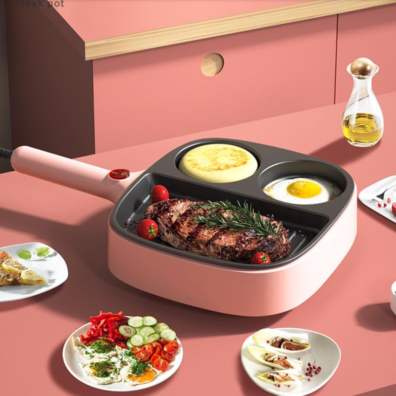 Electric Egg Pan Omelette Pan, 3-Section Divided Frying Pan, Nonstick Electric Skillet with Ergonomic Handle, for Indoor Cooking & Outdoor Grilling, 900W (US Plug 110V)