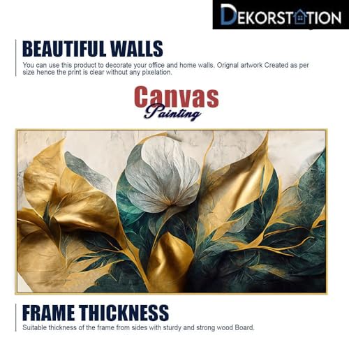 Image of DEKORSTATION Luxurious Golden Flower Canvas Art Elegant Floating Framed Painting for Bedroom, Living Room, Drwaing Room Wall Decoration Size : 18x36 Inches