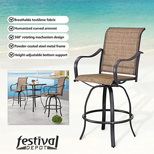 Festival Depot 2Pcs Bar Height Stools Textilene Fabric High Back Swivel Chairs Patio Dining Chairs Metal Outdoor Furniture For Bistro Lawn (Brown) #TOP3