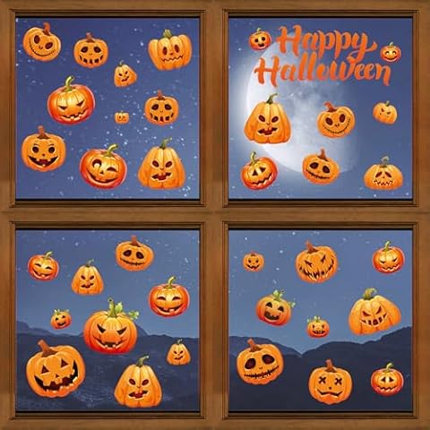 hapray Halloween Thanksgiving Window Stickers, 9 Sheets Fall Pumpkins Window Clings Party Decoration, Decals for Glass Windom Indoor and Outdoor Home Decor Cover