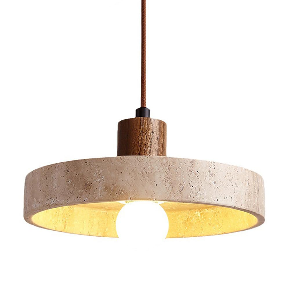 Luminaire suspendu rond, îlot de cuisine, lampe à suspension en pierre de grotte jaune, tasse en bois, éclairage de plafond suspendu long et réglable, lustre rétro Wabi Sabi en travertin jaune, lampes