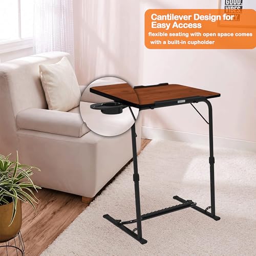 Image of Amazon Basics | Work Easy | Height Adjustable Laptop Table with Footrest | Adjustable Table Top Angle | Alloy Steel | Rustic Amber | 75 cm - H, 60 cm - L, 44.5 cm - W