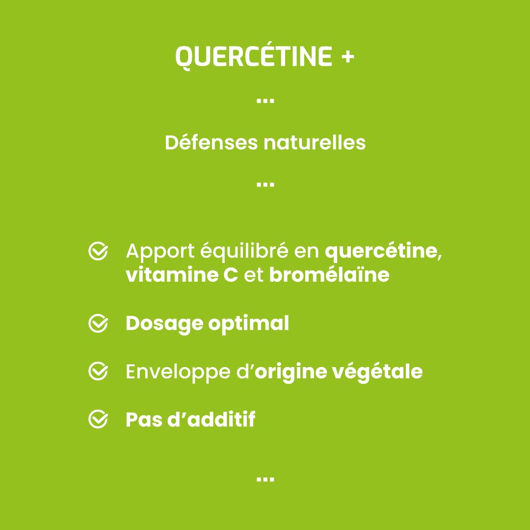Complément alimentaire QUERCETINE + - 60 gélules - Maintient les défenses naturelles - Association avec Bromélaïne et Vitamine C - Développé en France