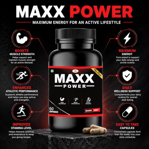 Image of Maxx Power Herbal Capsules for Men with Ashwagandha, Shilajit, Kaunch Beej & Safed Musli | Supports Energy, Strength, Stamina & Men's Wellness | Daily Herbal Supplement | 60 Veg Capsules