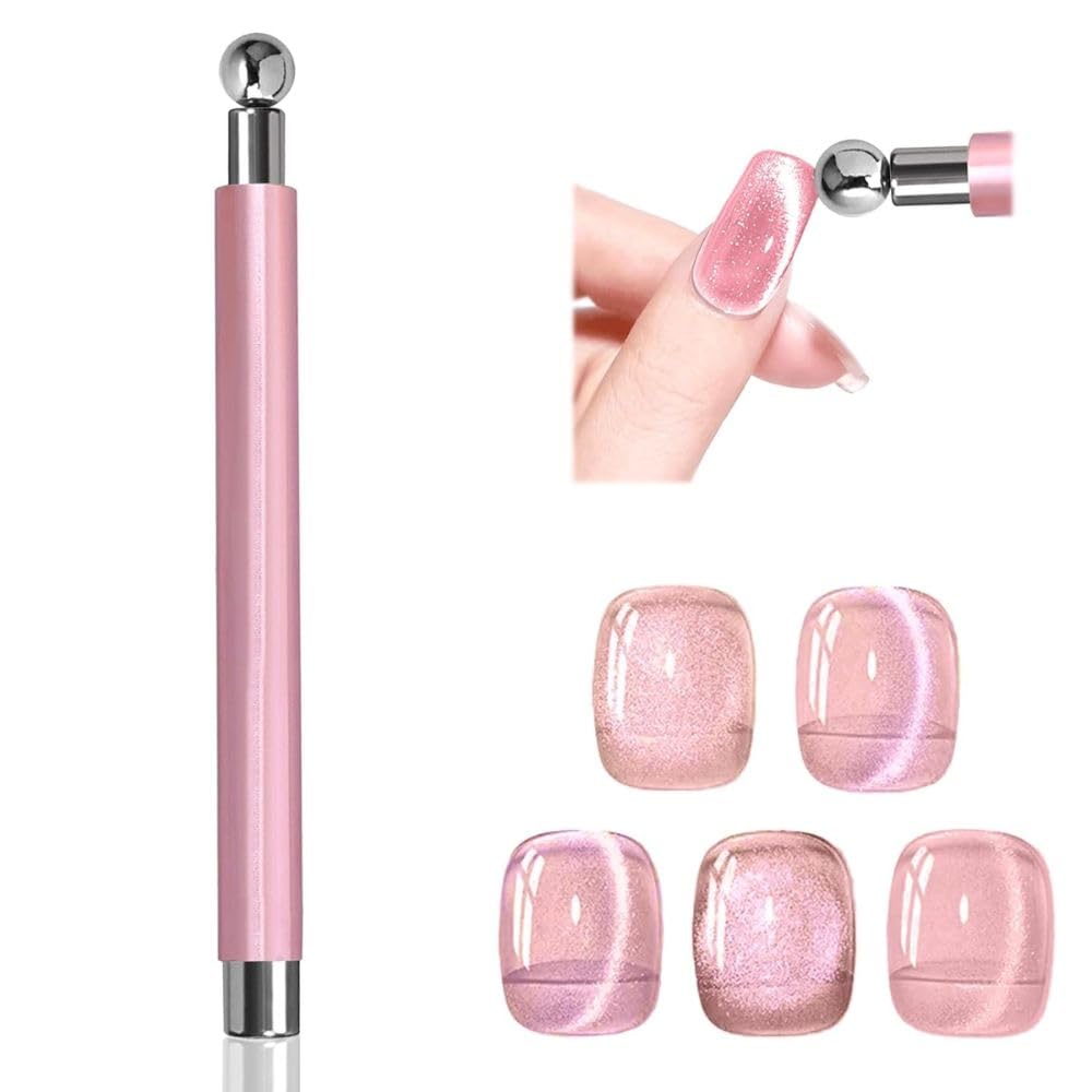 THR3E STROKES Essentials Cat Eye Magnetic for Nails Double-Head Nail Magnet Sturdy Cat Eye Magnet for Nails with Round Magnetic Bead Multifunctional Magnet for Cat Eye Gel Polish Home DIY (BALL MAGNET) (PINK)