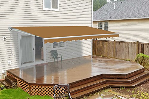 ALEKO Motorized Patio Awning | Automatic Remote Controlled | White Frame | Retractable Crank Home Deck Canopy | Upgraded 2024 | 20x10 | Sand Beige