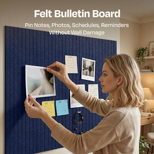 Image of X-Large Cork Board Alternative 12-Pack Felt Bulletin Board Thick and Decorative Pin Board for Home Office Walls 47.24 x 35.43 Inches with 72 Adhesive Tabs - [Denim Blue]