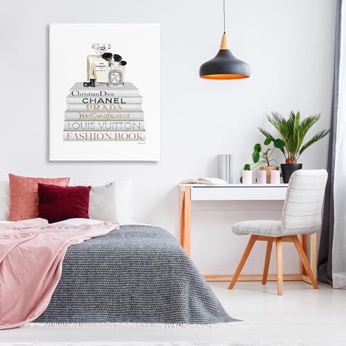 Image of Bookstack Makeup Glam Still Life, 36 x 48 Inch Canvas Wall Art | Stupell Industries . By Amanda Greenwood . Ready to hang . Chic gift for readers and beauty lovers . Made in USA