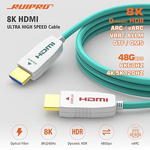 Ruipro 8K Fiber Optic Hdmi Cable 33 Feet 48Gbps 8K60Hz 4K120Hz Dynamic Hdr Earc Hdcp2.2/2.3 For Rtx4080/4090/3080/3090, Xbox S/X, Ps5/4, Avr, Projector, Lg/Samsung/Sony Tv #TOP1