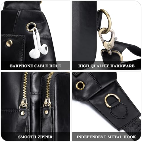 Image of Mens Sling Bag Genuine Leather Crossbody Bags for Men Small Sling Chest Backpack Casual Man Bag Hiking Outdoor, Black