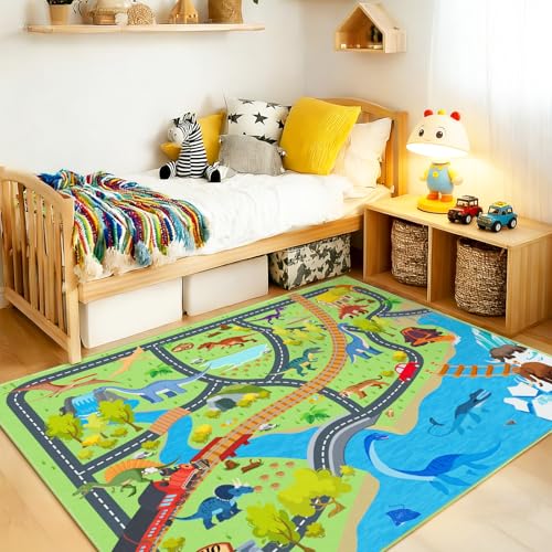 Rezutan Kids Rug Dinosaur Playmat for Floor Non-Slip & Foldable Area Rug for Children Dino Road Mat for Toy Cars Washable Kid Play Mat for Bedroom, Playroom, Nursery, 120x160CM