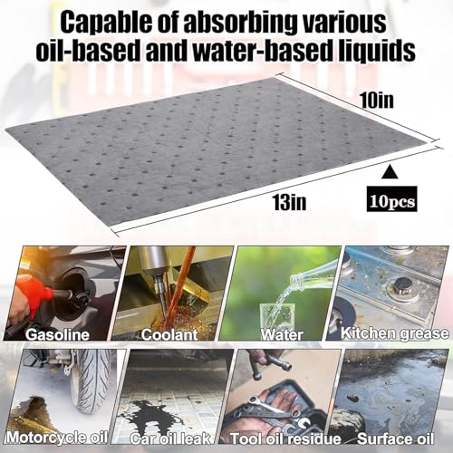 Image of Oil Absorbent Pads - Oil Spill Mat Water Absorbent Mat, Universal Leak, Drip, and Spill Control High Absorbing Pads, 13 inch x 10 inch, Pack of 10