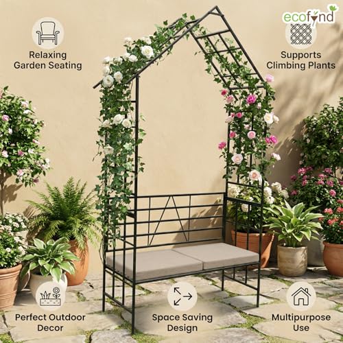 Image of ecofynd 8 Feet High x 3.7 Feet Wide 2-Seater Hut-Shaped Garden Bench, Metal Arbor Trellis for Climbing Plant with Outdoor Garden Chair, Backdrop Stand for Wedding Lawn Backyard Party Decor (GC002-BLK)