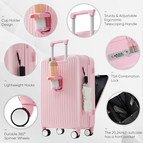 Merax Luggage Set of 3, 20, 24, 28inch with USB Port, 20, 24inch with Front Opening Design Airline Certified Carry on Luggage with Cup Holder, ABS Hard Shell Luggage with Spinner Wheels, ABS+Pink4