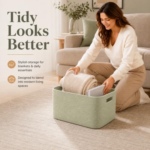 Image of 25.4GAL Collapsible Cotton Rope Extra Large Storage Basket For Bedroom Closet, Boho Rectangular Short Hamper Woven Storage Baskets for Living Room Throw Pillows Blankets Dirty Clothes, Sage Green