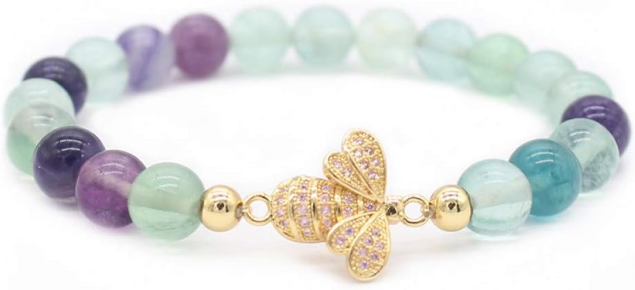 HMKLN Lovely Crystal Bee Bracelets For Women 8Mm Fluorite Natural Stone Beads Bracelets & Bangles