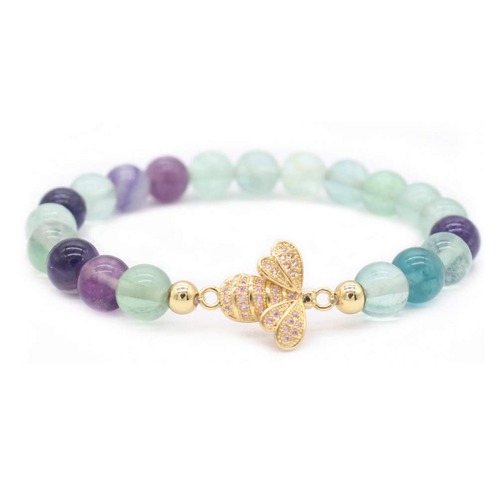 HMKLN Lovely Crystal Bee Bracelets For Women 8Mm Fluorite Natural Stone Beads Bracelets & Bangles