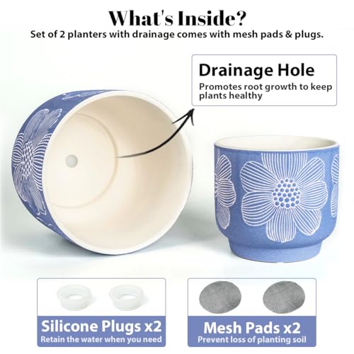 YBX 8 Inch + 6 Inch White Flower Pattern Plant Pots, Sand Glazed Ceramic Planter with Drainage Hole, Flower Pots for Indoor Plants, Blue by YBX YIBOXUAN - Image 4