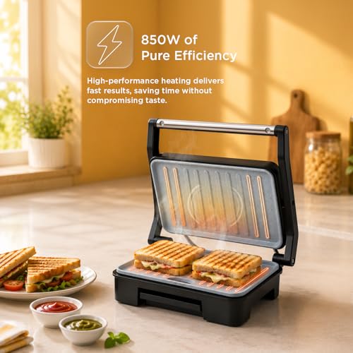 Image of Glen Press Grill Sandwich Maker | Heavy-Duty Ceramic Non-Stick Plates | PFOA & PTFE Free | Healthy Low-Oil Cooking | Non-Toxic Surface | Oil Collector Tray | Strong Safety Handle | 2-Year Warranty