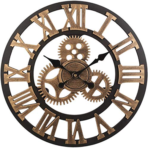 Wall-Art - Reloj de pared de madera MDF, diseño de engranaje, con números romanos, silencioso, color negro y dorado, diámetro de 40 cm Cover