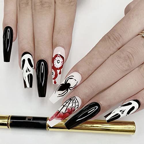 24Pcs Halloween Press on Nails Medium Length with Grimace Spider Designs Acrylic Fake Nails Full Cover Coffin Glue on Nails Black Matte Stick on Nails for Women Girls Halloween Nails Decoration
