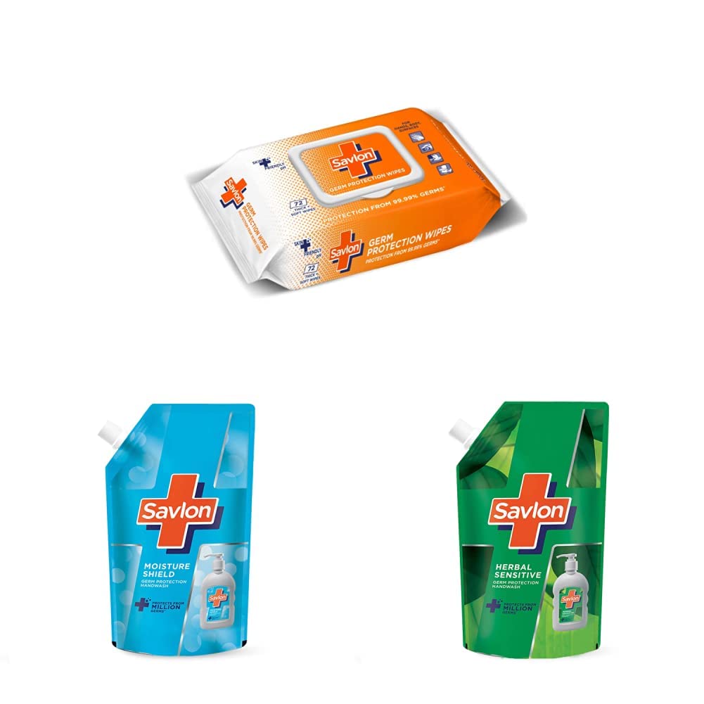Savlon Germ Protection Multipurpose Thick & Moisture Shield Germ Protection Liquid Handwash Refill Pouch, 725 ml & Herbal Sensitive pH balanced Liquid Handwash Refill Pouch, 725ml