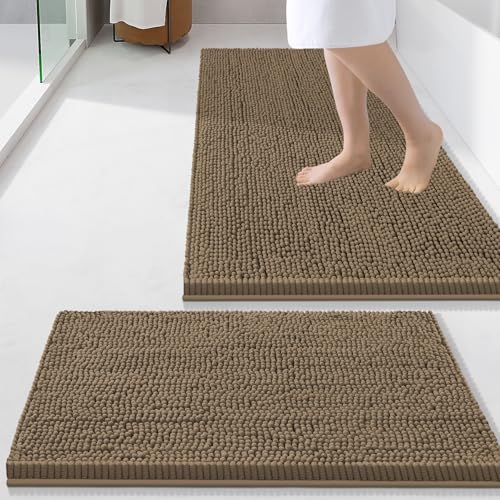 Image of Smiry Bathroom Rugs Sets 2 Piece, Soft Absorbent Chenille Machine Washable Non Slip Shaggy Bath Rug Set for Tub, Shower, and Floor (34x21+24x16, Camel)