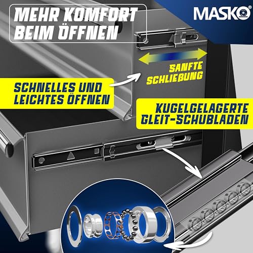 MASKO Carro de taller – 7 cajones, gris, con cerradura, metal macizo, carro de herramientas móvil sin herramientas, carro profesional de taller sin equipamiento, carrito con ruedas para almacenamiento - imagen 3