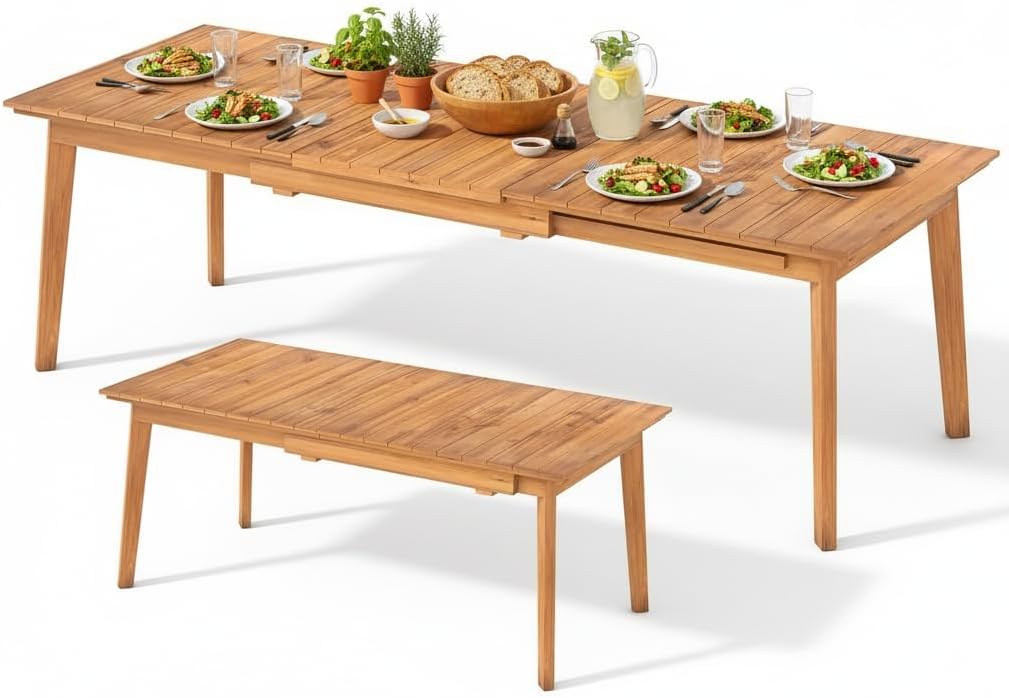 Tangkula 71"-94" Teak Wood Extendable Patio Dining Table for 6-8 People, Large Expandable Outdoor Slatted Table, Rectangular Outdoor Dinner Table for Garden, Lawn, Yard and Poolside