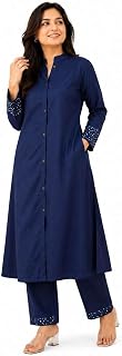 Women's Cotton Solid Flared Straight Kurti with Pant