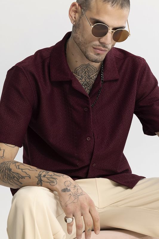Image of SNITCH nector Maroon Cuban Collar Self Design Box Fit Shirt