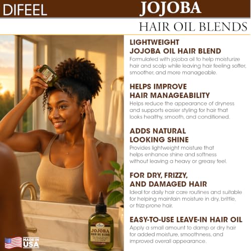 Image of Difeel Jojoba Oil Hair Oil Blend - Travel Size 2.5 oz. - Lightweight Hair & Scalp Moisturizing Oil for Dry, Damaged & Frizzy Hair, Adds Shine & Softness