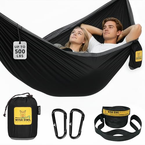 Wise Owl Outfitters Hammock for Camping Single & Double Hammocks Gear for The Outdoors Backpacking Survival or Travel - Portable Lightweight Parachute Nylon DO Black & Grey