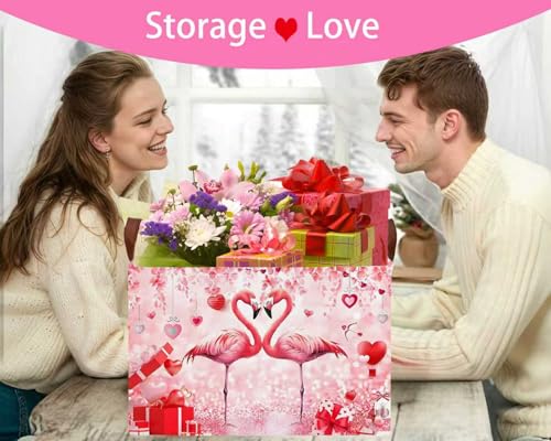 Image of Valentines Day Basket Large Foldable Heart Shaped Storage Box for Gifts Kids Empty Storage Bins Rectangular Toy Organizer Decor (Love Flamingo)