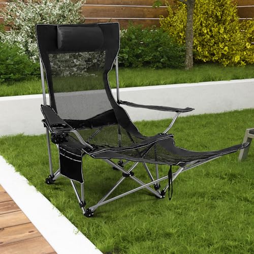 Livhome Camping Chairs Folding Recliner Chair Adjustable with Detachable Footrest Headrest Cupholder Pocket Lightweight Portable Reclining Camp Fold up for Outdoor Beach Garden (Black) (31141)