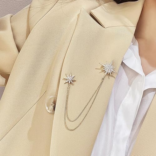 Image of Gold Crystal Star Chain Tassel Brooch Pin for Women Men,Glitter Rhinestone Lapel Pins Dress Suit Accessories,Silver Wedding Anniversary Fringe Brooch