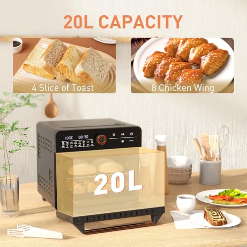 HOMCOM 20L Mini Oven, 16-in-1 Air Fryer Oven, Pizza Oven and Grill with Double Glass Door, Baking Tray, Wire Rack, Adjustable Temp & Timer, 1400W, Black