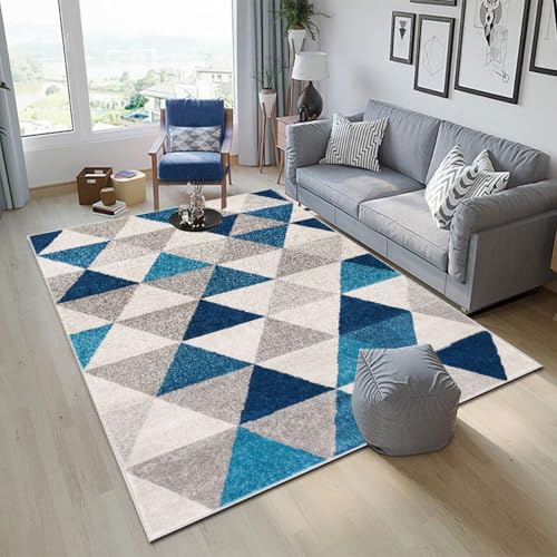 Moquette chambre antidérapante bleu triangle géométrique 90x150cm