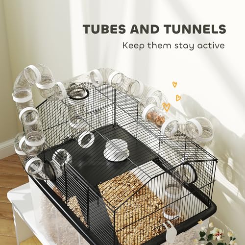 PawHut Large Hamster Cage with 12" Deep Tray, 2 Tier Gerbil Cage with Tube System, Water Bottle, Ramp, Feeding Bowl, 23" x 17" x 22", Black - Image 6