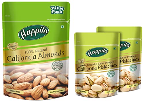 Image of Happilo 100% Natural Premium Californian Almonds Value Pack Pouch,Dried,500g & Premium Californian Roasted and Salted Pistachios, 200g (Pack of 2)