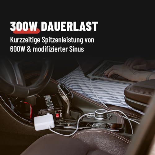 ABSINA Wechselrichter 12V auf 230V - Modifizierter Sinus Spannungswandler 12V 230V - Inverter 300W mit 600W Spitzenleistung - Stromwandler - Stromumwandler - Umwandler
