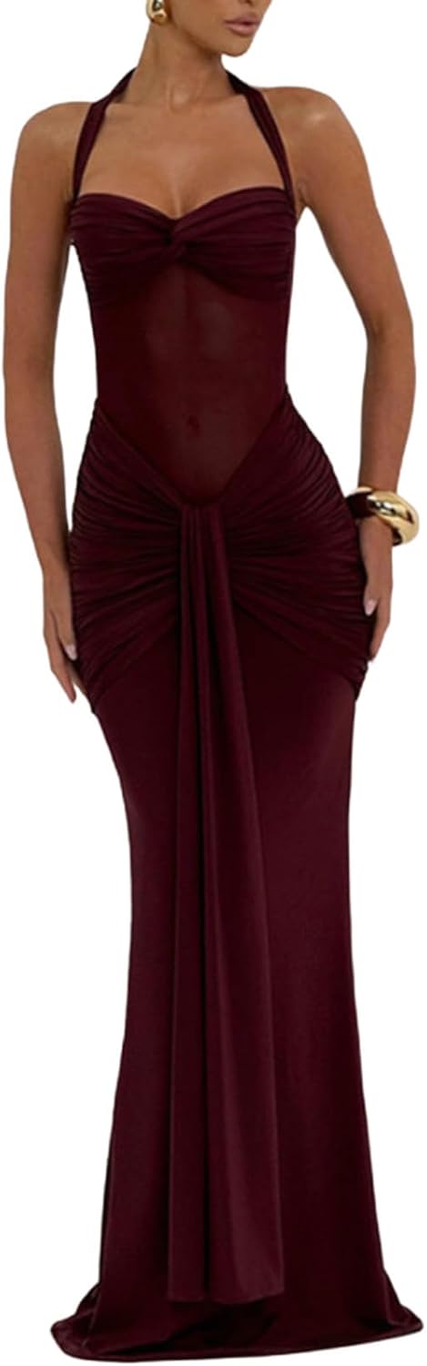 Women's Halter Neck Maxi Dress Sleeveless Ruched Bodycon Wedding Guest Dresses Summer Beach Formal Evening Gown