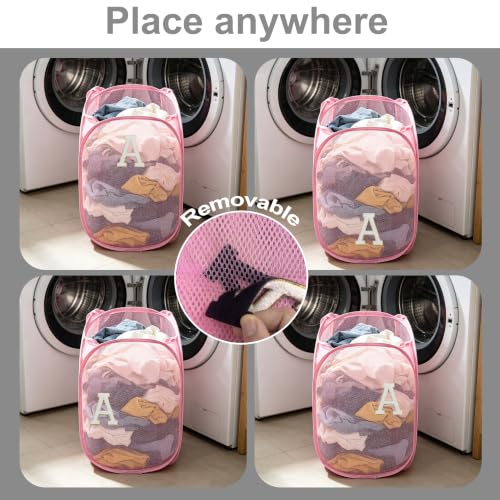 Image of Collapsible Pop Up Laundry Hamper, Extra Large with Removable Initial Letter A, Mesh Foldable Laundry Basket, 28 inch x 16 inch x 16 inch (Pink)